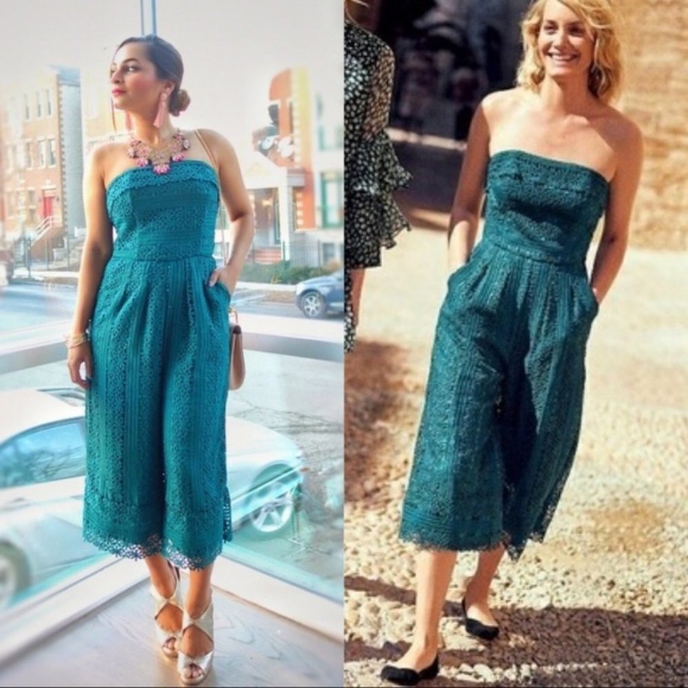 Anthropologie Greylin Stowe Teal Crochet Strapless Jumpsuit sz S